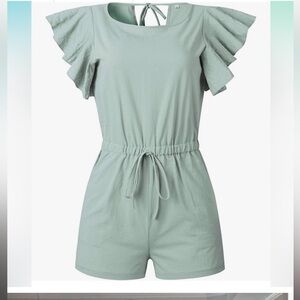 Mint Green Linen Blend Ruffle Sleeve Drawstring Waist Romper